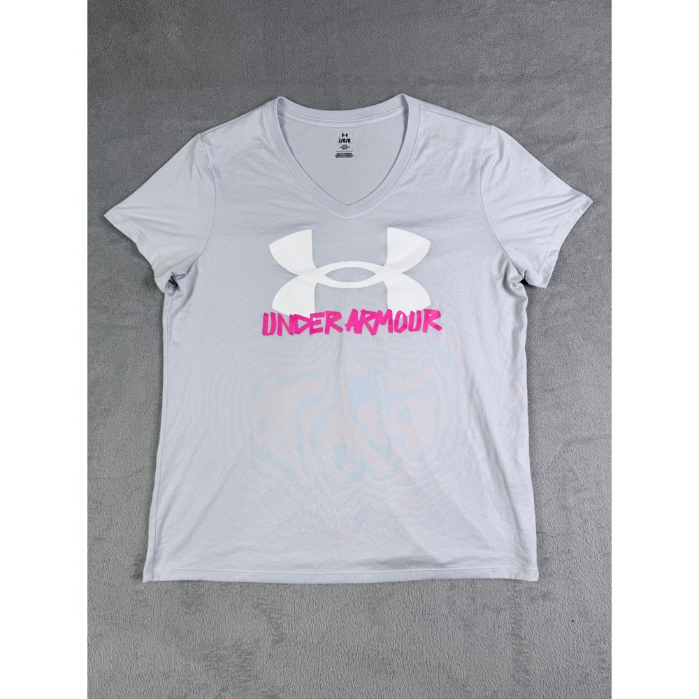 Under Armour Womens V-Neck Graphic‎ Logo T-Shirt Gray Pink 1385995 Large Loose